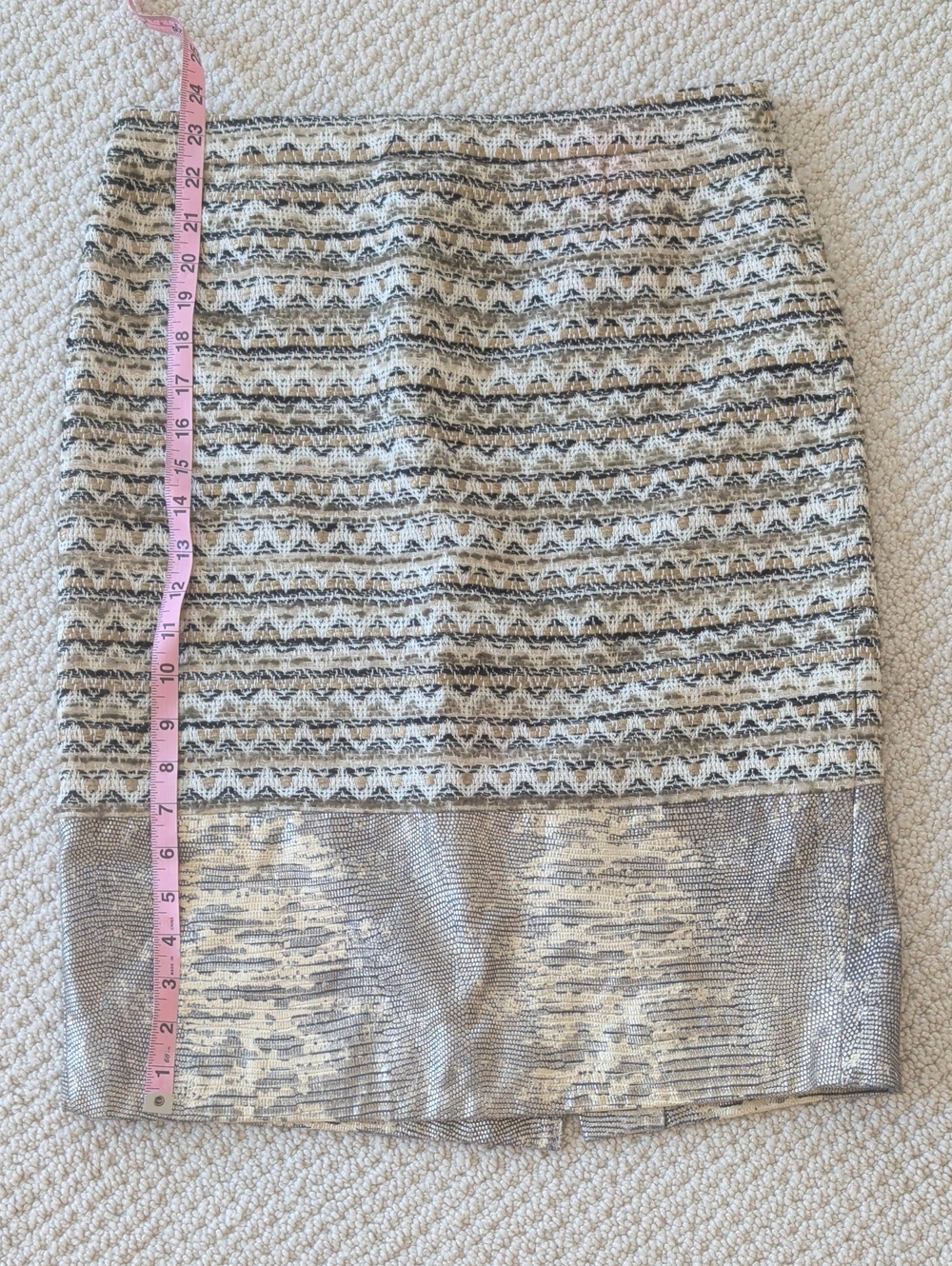 Tory Burch Cream and Black Patterned Pencil Skirt with Metallic Hem
